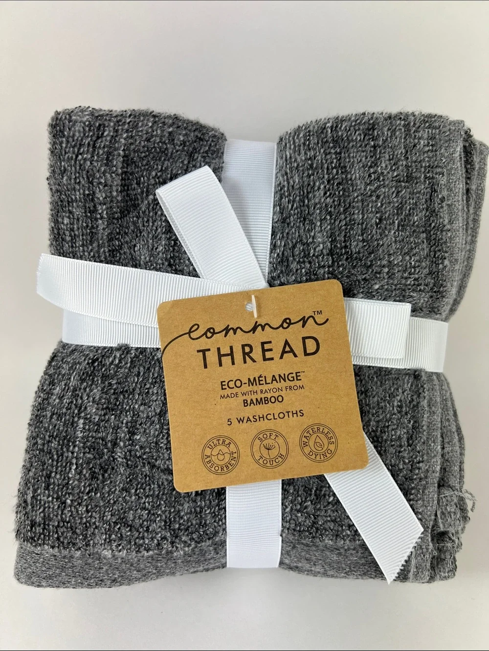 Common Thread Eco-Mélange Bamboo Washcloth Set Charcoal Gray Cotton 5 Pc NEW